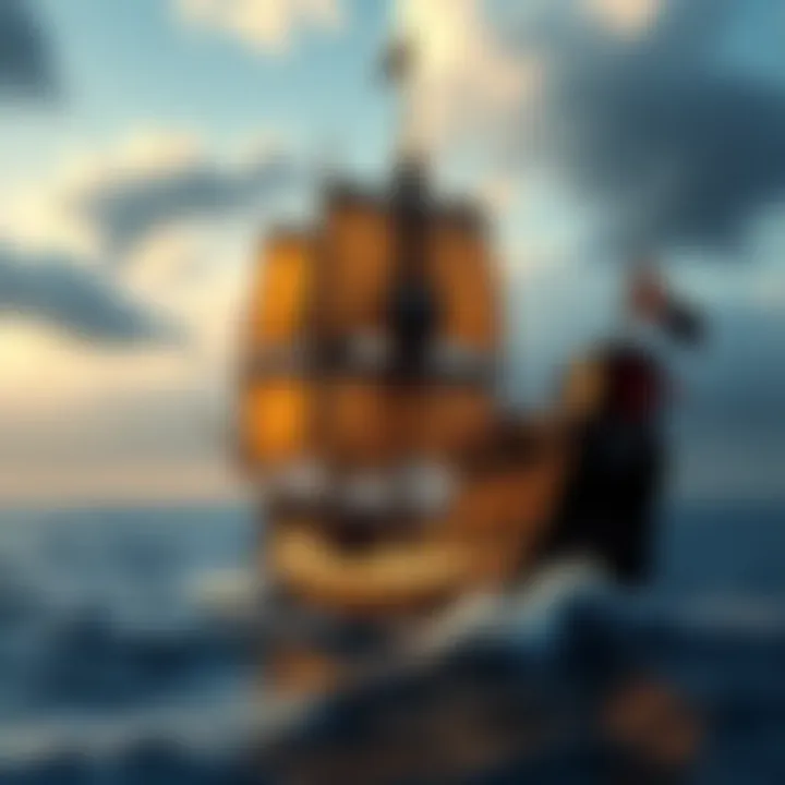 A pirate ship with sails raised sailing on the ocean, with a flag flying high, representing the adventure and danger of piracy.