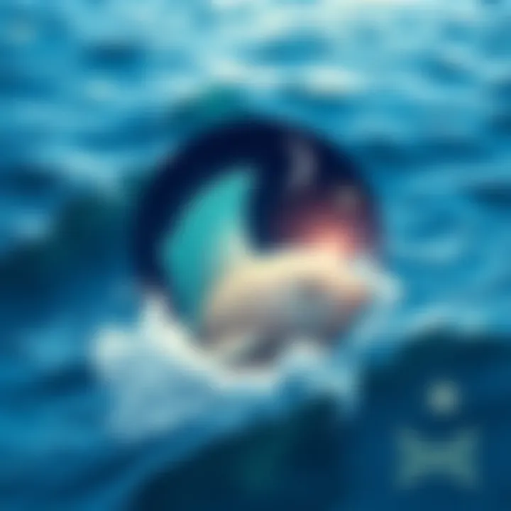A serene ocean scene with flowing water and abstract symbols representing Pisces, Neptune, and the 12th House, inviting contemplation and connection.