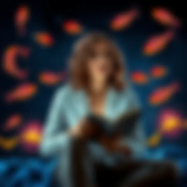 Piscean Men Traits A Capricorn woman sitting with a thoughtful expression, surrounded by symbols of Pisces, like fish, representing her exploration of traits in Piscean men. She holds a notebook, inviting conversation on emotional experiences.