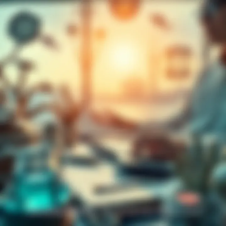 A person brainstorming financial strategies with a notebook and a calculator, surrounded by ocean-themed decor, symbolizing creativity and wealth generation.