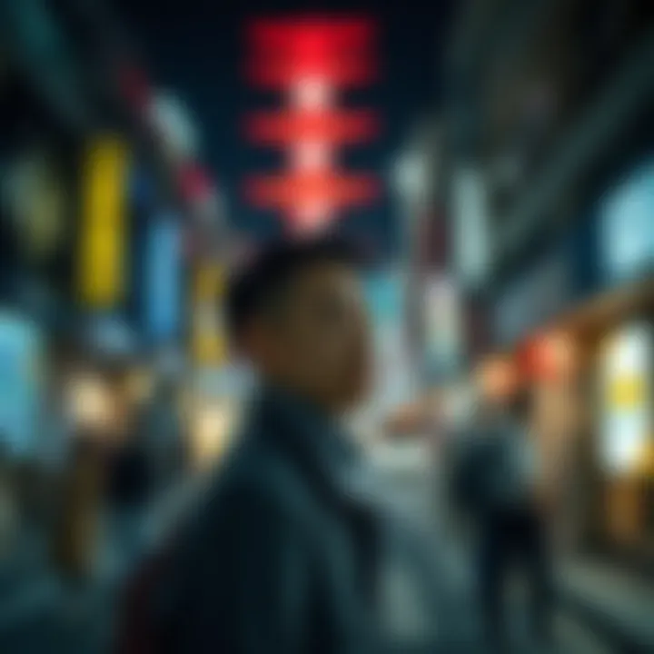 Pisces in Japan A young man stands on a busy street in Japan, looking pensive as he gazes at the city lights, with a distant expression reflecting his emotional struggle between love and regret.