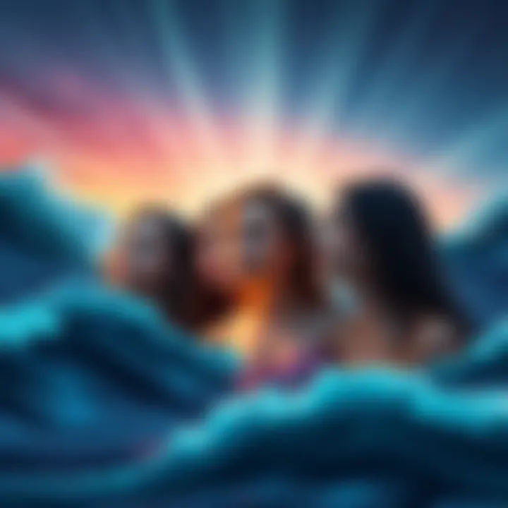 A group of Pisces individuals looking reflective, surrounded by calming ocean waves and stars, indicating self-exploration and emotional growth.