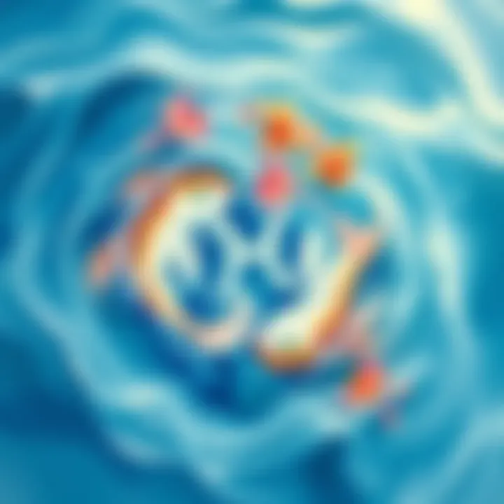 Pisces symbol in water A watercolor painting of the Pisces symbol surrounded by gentle waves, symbolizing connection and isolation in social situations.