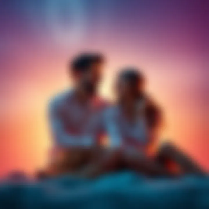 A Pisces and Aries couple sitting together, smiling and sharing a moment, representing their relationship dynamics.