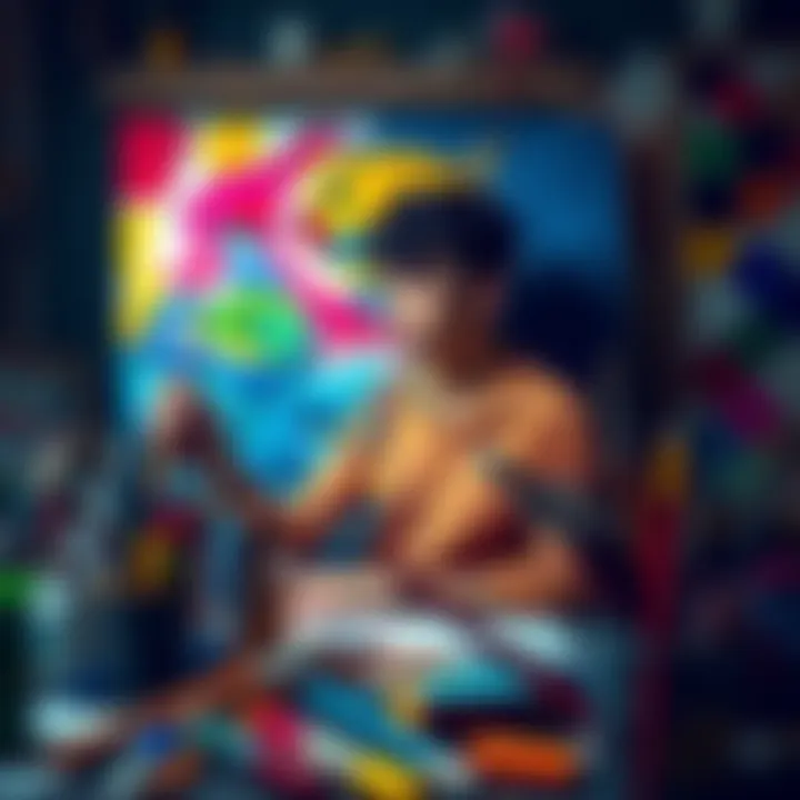 A person surrounded by colorful art supplies, painting an abstract piece representing their emotions. Bright colors contrast with darker tones, symbolizing the duality of feelings for Pisces individuals.