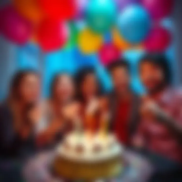 Group of friends celebrating a 23rd birthday with balloons and birthday cake, showcasing joy and creativity.
