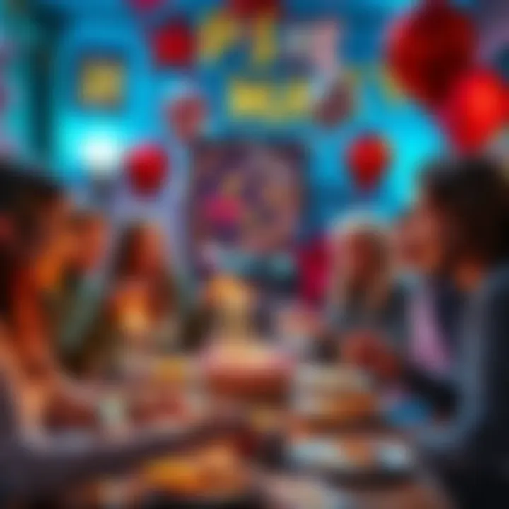 A group of Pisces individuals sharing birthday dates and enjoying a festive atmosphere with decorations and snacks.