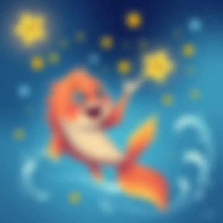 A whimsical illustration of a Pisces character playfully reaching out to friends, showcasing their charm and humorous nature while surrounded by stars and playful water elements.