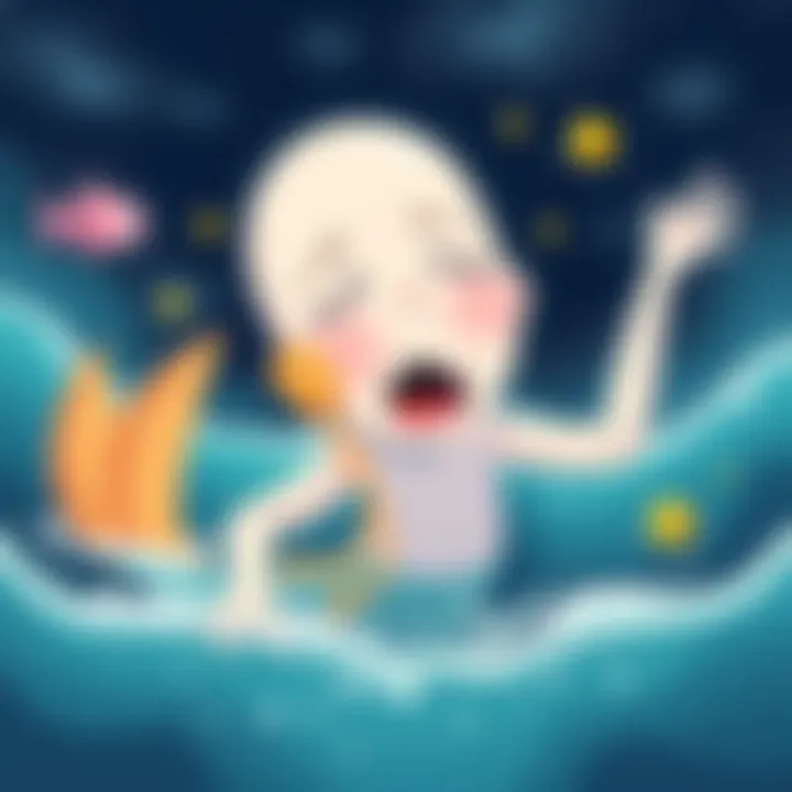 Pisces Emotional Journey A whimsical illustration showing a Pisces character feeling emotions, panicking, and then pretending everything is fine, with water themes and starry accents.