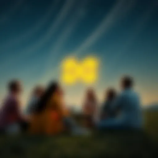 A Pisces symbol surrounded by friends sitting in a circle, sharing stories and laughter under a starry sky.