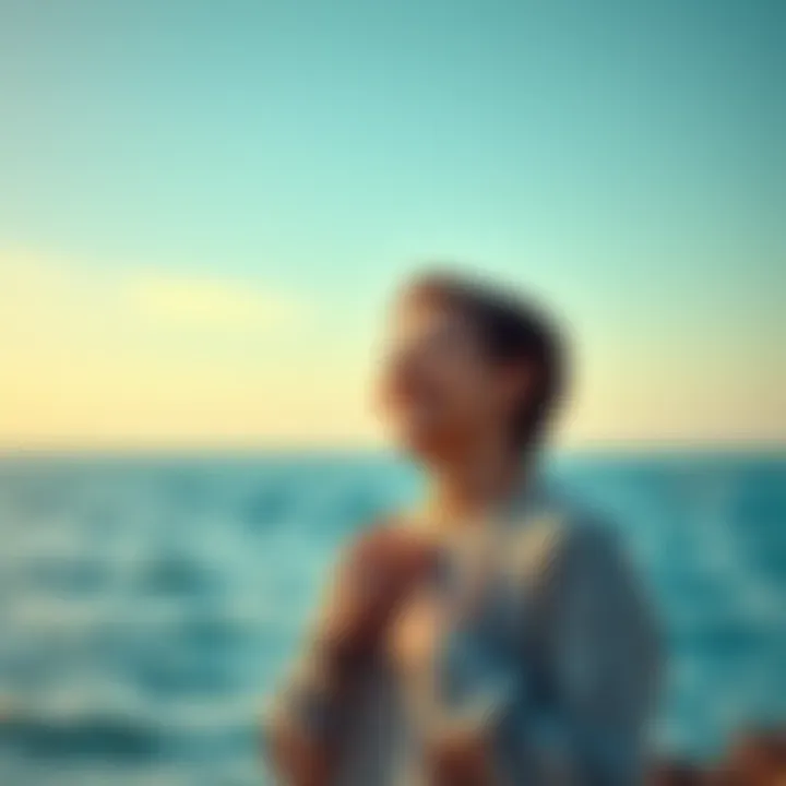 Pisces Individual with a Caring Smile A serene person with a gentle smile, holding their heart while looking toward the ocean, representing hidden struggles and kindness.