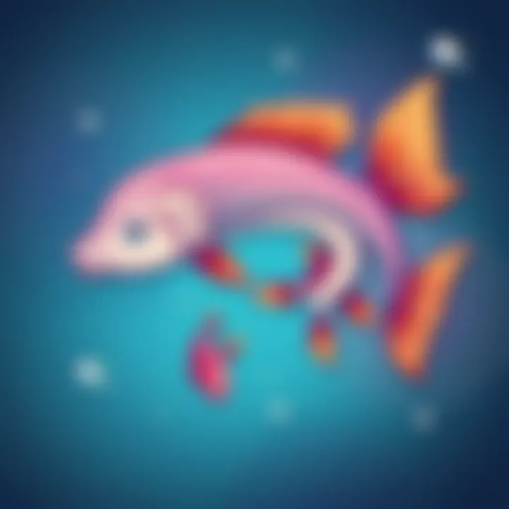 Illustration of a Pisces symbol featuring laughing fish in a playful design.