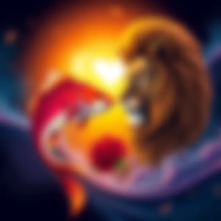 Illustration of a Pisces and Leo zodiac sign represented as a fish and a lion with a heart symbol in the background, symbolizing their friendship over romance.