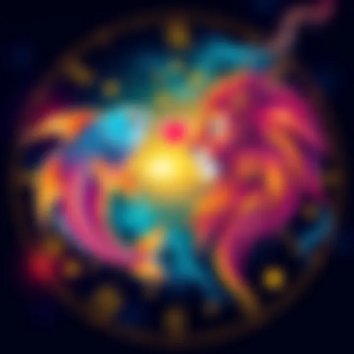 Pisces and Leo Zodiac Signs A colorful illustration of Pisces and Leo zodiac signs with symbols and stars, showing their attraction and connection.