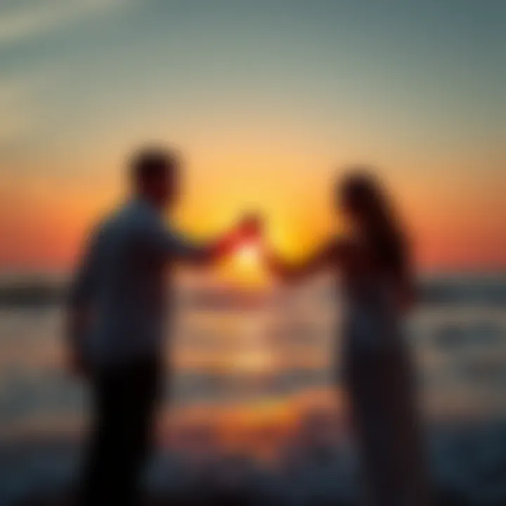 A couple holding hands at sunset, representing long-term love without marriage, with soft waves in the background.