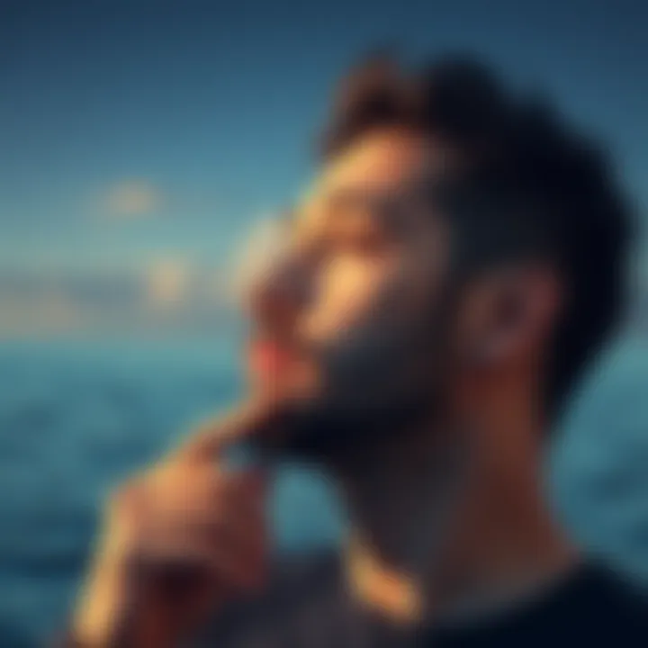 A thoughtful Pisces man looking pensive, reflecting on relationships, with a calm ocean background.
