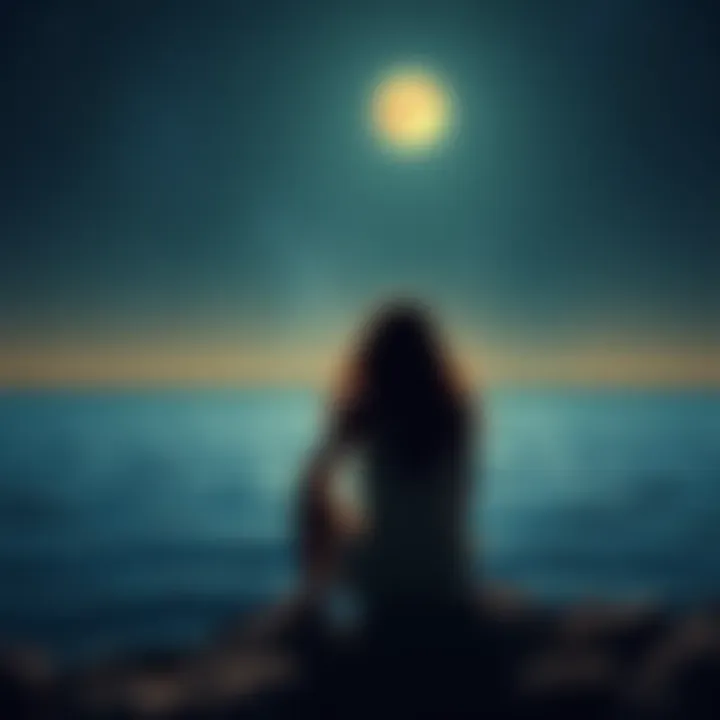 Pisces Moon Emotions A person sitting by a calm ocean, gazing at the stars, reflecting deep emotions under a moonlit sky, representing sensitivity and introspection associated with a Pisces Moon.