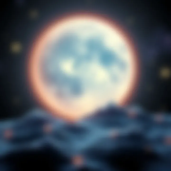 A glowing moon with a Pisces symbol, surrounded by stars and waves, representing intuition and emotions.