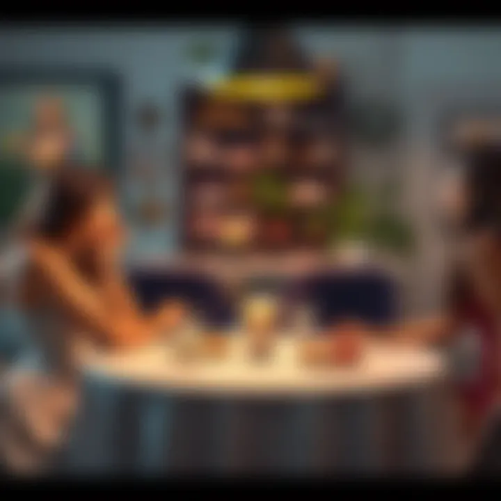 A Pisces man sitting at a table with a Virgo woman and an Aries woman, discussing their differences and love stories in a cozy setting