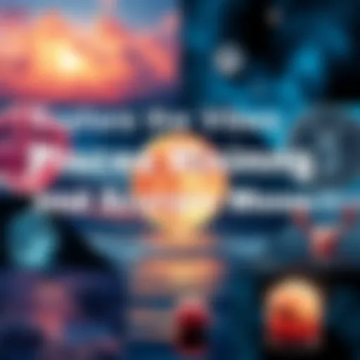 A mood board showcasing creative elements inspired by Pisces Rising and Scorpio Moon, filled with images of water, deep colors, and celestial motifs.