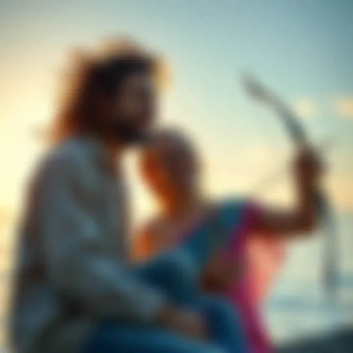 A peaceful scene showing a Pisces person and a Sagittarius person laughing together by the water.