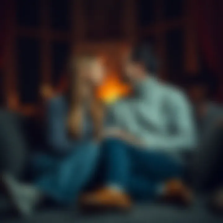 A Pisces woman and a Scorpio man sit close together, sharing a deep conversation in a cozy setting, reflecting their emotional connection.