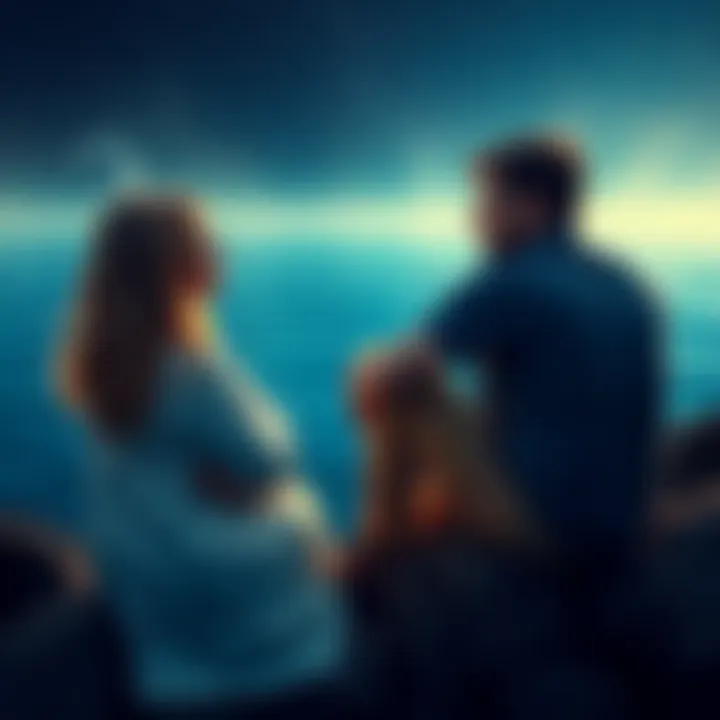 A Pisces woman and a Scorpio man sitting together, sharing their feelings and discussing their intense relationship, with a serene background of stars and water, symbolizing their emotional depth.