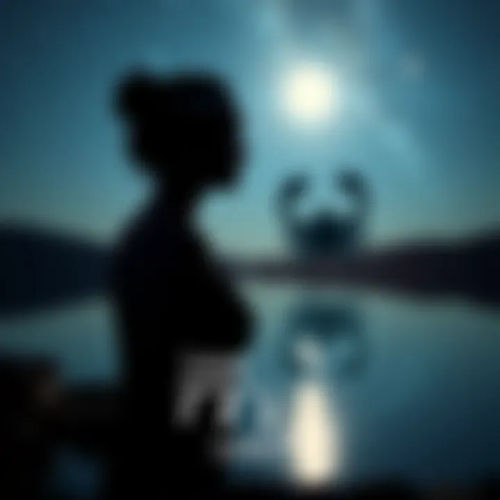 A woman looking contemplatively at a starry night sky, with a silhouette of a Scorpio symbol in the foreground, symbolizing her emotional struggle and hopes for love.