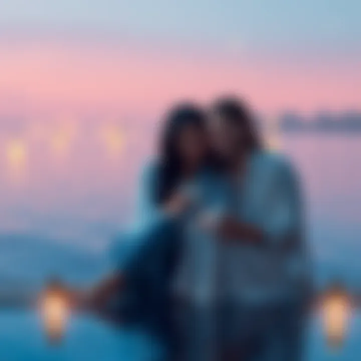 A Pisces and Scorpio couple sitting together, sharing a deep conversation over coffee, surrounded by a calm atmosphere with water and stars in the background.