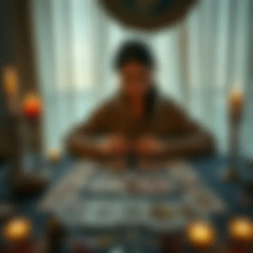 A person practicing tarot reading with cards spread out on a table, surrounded by candles and crystals, representing spiritual professions for Pisces individuals.