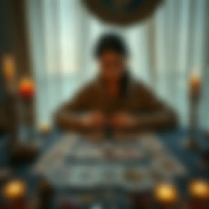 A person practicing tarot reading with cards spread out on a table, surrounded by candles and crystals, representing spiritual professions for Pisces individuals.
