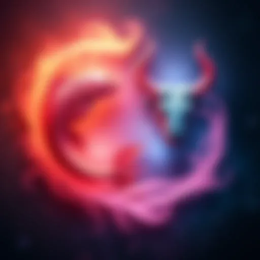 The zodiac symbols for Pisces and Taurus intertwined with soft colors representing their connection in love.