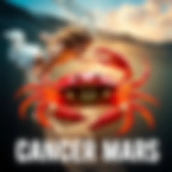 A harmonious scene depicting a Pisces Venus symbolized by flowing water and a Cancer Mars represented by a nurturing crab, illustrating their emotional bond.
