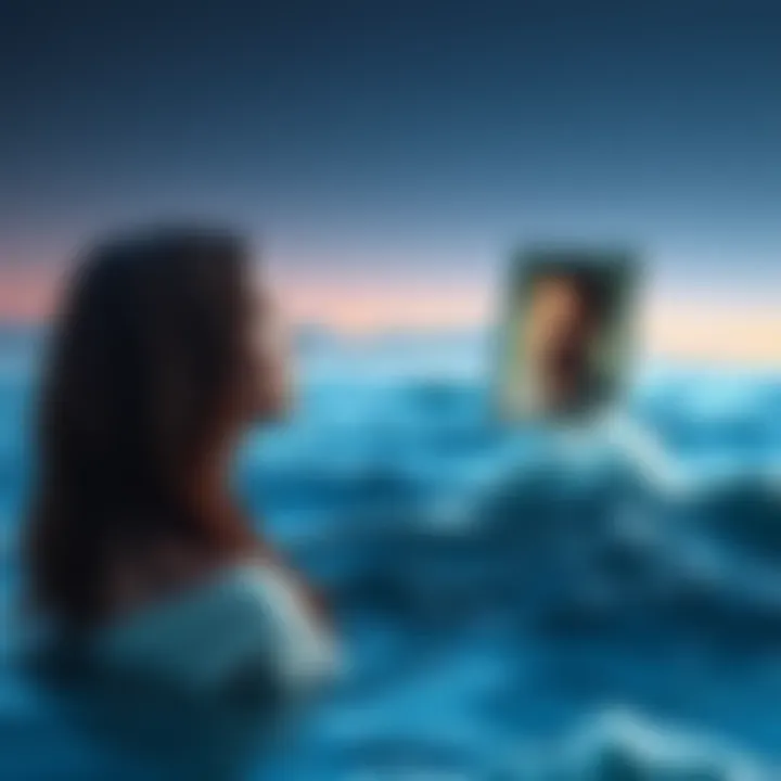 A thoughtful Pisces woman gazes at a photo of her Leo ex, surrounded by soft ocean waves and a starry sky, symbolizing nostalgia and emotional ties.