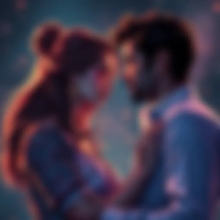 A Pisces woman and a Scorpio man share an intimate moment, expressing affection and differing emotions about their relationship. The background shows contrasting elements that symbolize their personal...