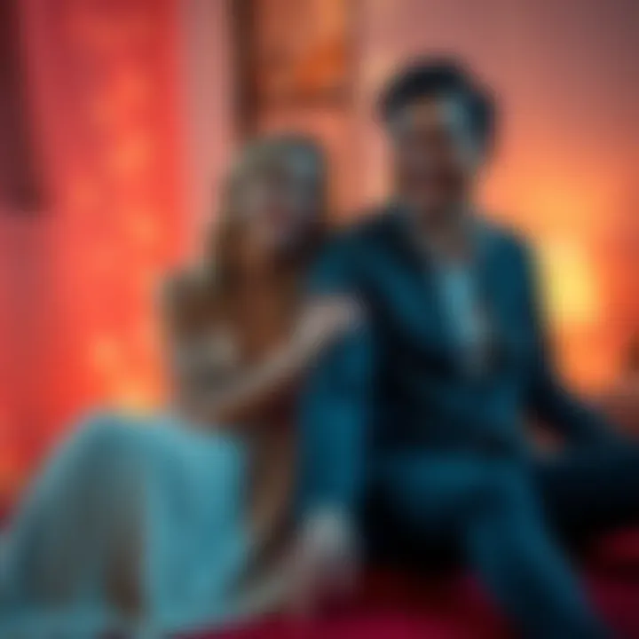 A Pisces woman and a Scorpio man sitting together, holding hands and smiling, surrounded by a soft, romantic atmosphere.