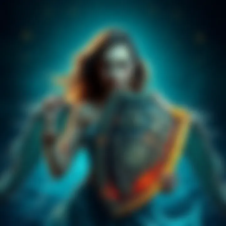 A woman representing a Pisces sign, holding a shield to symbolize protection against abuse, surrounded by water and stars.