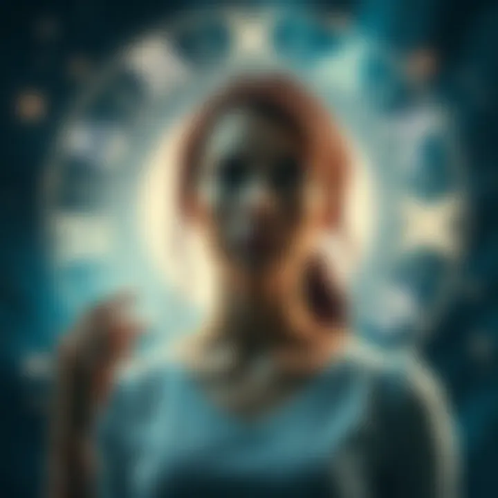 A Pisces woman looking at different zodiac signs with a thoughtful expression, surrounded by stars and astrological symbols