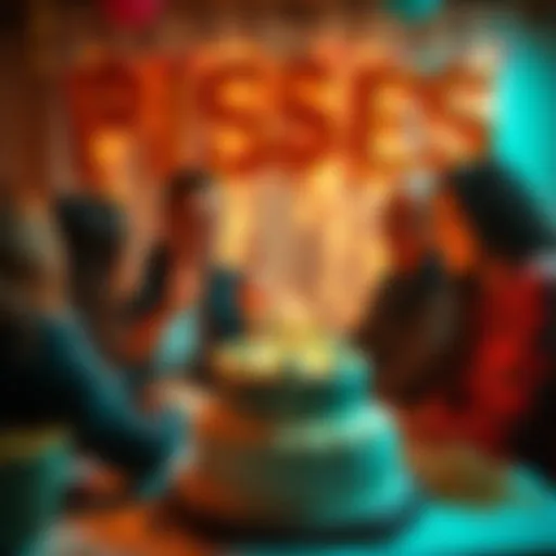 A group of friends celebrating a Pisces birthday with cake and decorations, showcasing fun and joy.