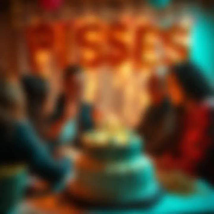 A group of friends celebrating a Pisces birthday with cake and decorations, showcasing fun and joy.