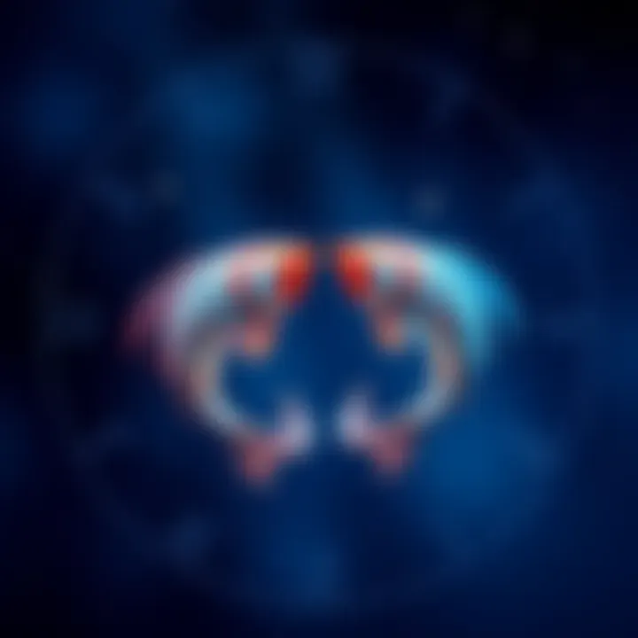 A representation of the Pisces zodiac sign with two fish swimming in opposite directions, symbolizing duality and intuition, surrounded by stars and a night sky.