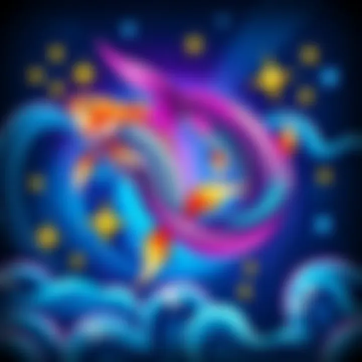 A colorful illustration representing the Pisces zodiac sign with two fish swimming in opposite directions, surrounded by stars and waves