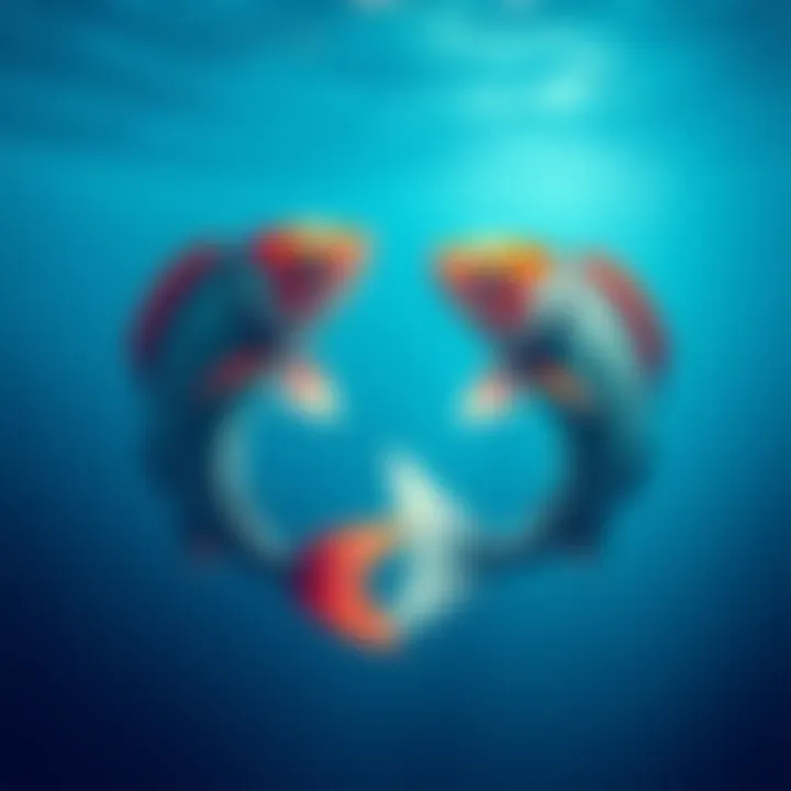 Illustration of the Pisces zodiac sign with two fish swimming in opposite directions in a blue ocean background.