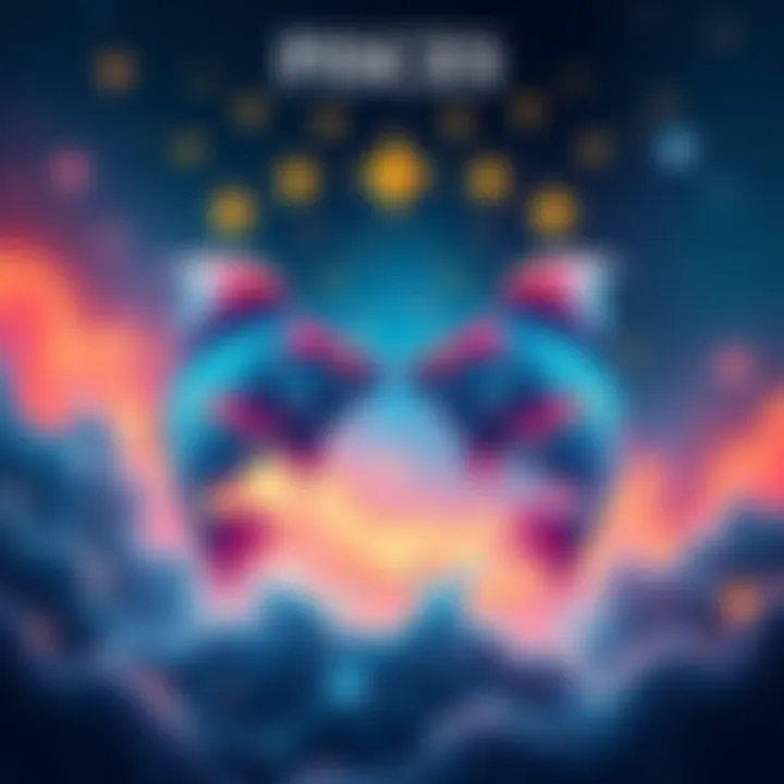 An artistic representation of the Pisces zodiac sign, featuring two fish swimming in opposite directions surrounded by stars and waves.