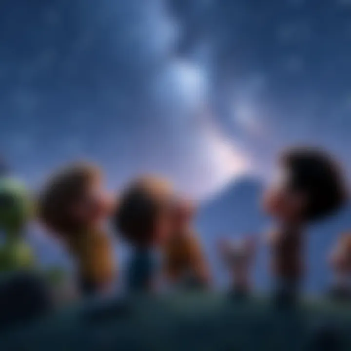 Children and animated aliens gazing at the stars in a family-friendly scene from Pixar's CE-5 movie, depicting curiosity about alien abductions