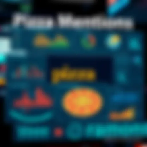 A graphic showing the term 'pizza' highlighted in documents related to the Epstein case, alongside data charts and connections to rumors.