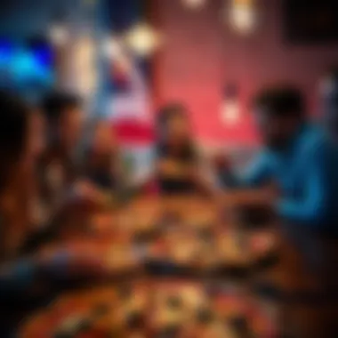 A group of friends having fun at a pizza party with delicious slices on the table