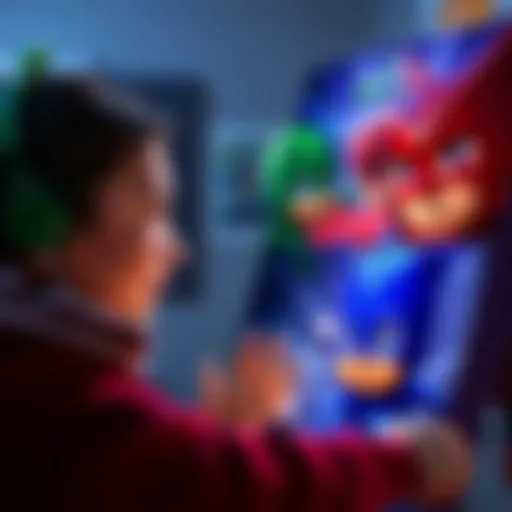 A concerned parent looking at a PJ Masks poster, pondering the possible change in lyrics, with characters from the show in the background.