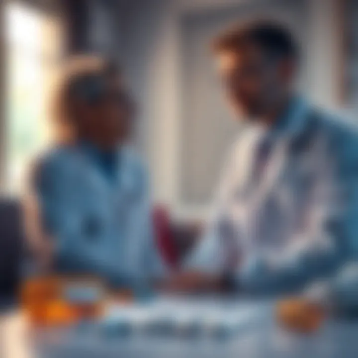 A doctor talking to a patient, illustrating the influence of belief in healing, with a prescription pad and pills in the foreground.