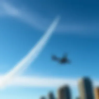 Plane leaving a contrail over the city A small airplane in the sky leaving a visible trail behind it, with a backdrop of city buildings and blue sky